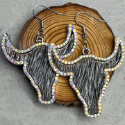 Rhinestone Leather Earrings with Bullhead and Long Hair Design - wallojewerly 