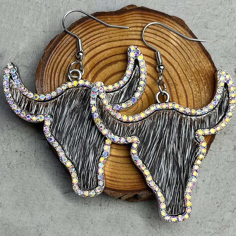 Rhinestone Leather Earrings with Bullhead and Long Hair Design - wallojewerly 