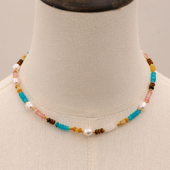 Colorful beaded pearl clavicle necklace, natural stone retro design necklace