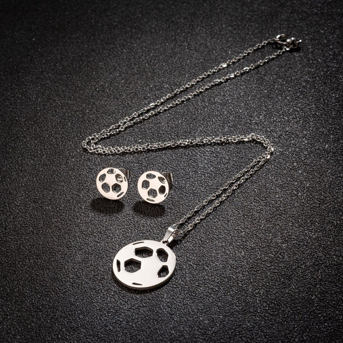 Conjunto de tres piezas de collar y pendientes de fútbol hueco, joyería simple redonda geométrica de acero inoxidable al por mayor