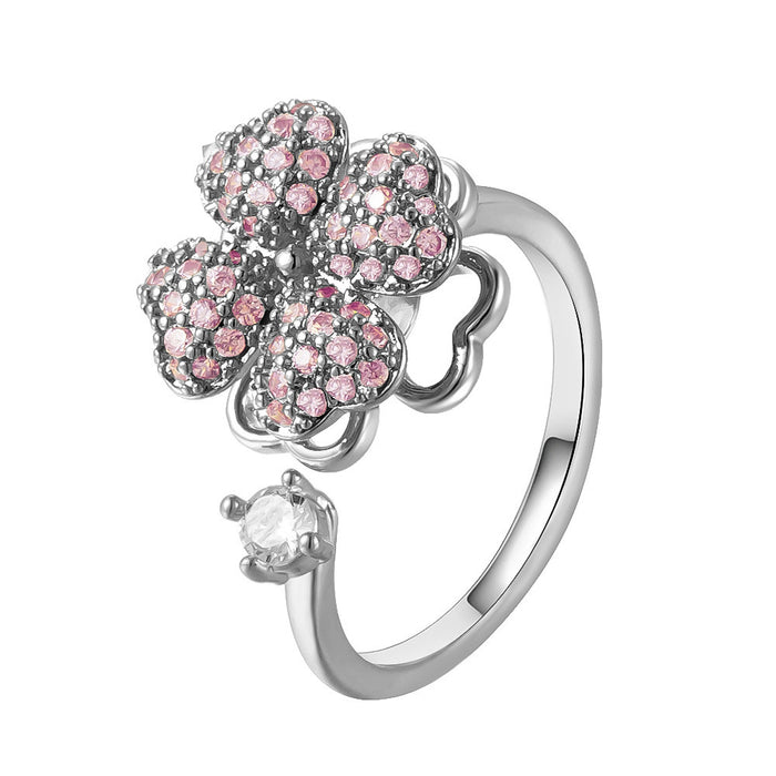 Wholesale copper heart-shaped four-leaf clover rotating open rings set with pink diamonds