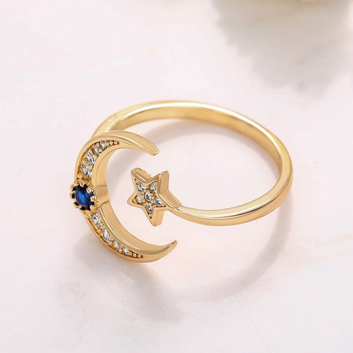 Anillo abierto de estilo frío con diseño de nicho de estrella y luna de moda