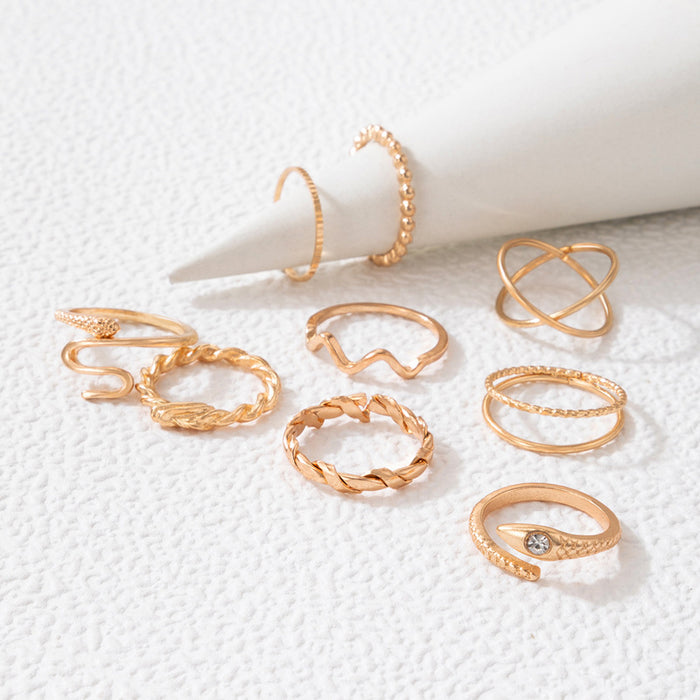 9-piece diamond snake-shaped geometric open ring set