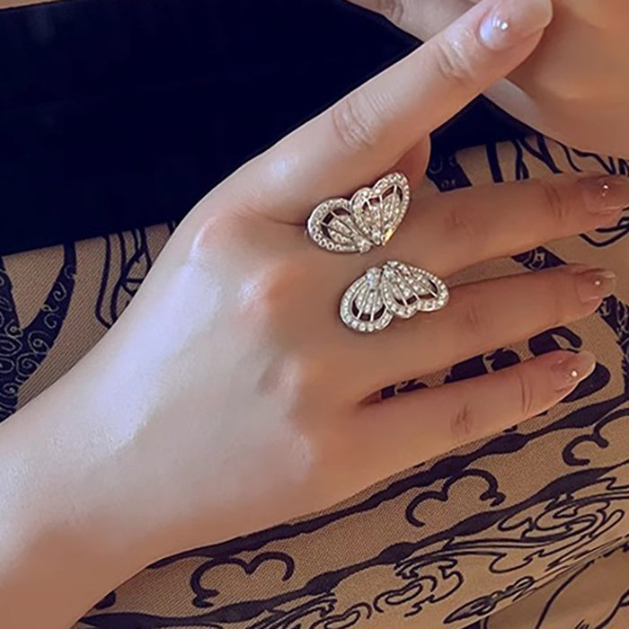 Micro-inlaid zirconium butterfly ring exquisite high-end open adjustable women's ring