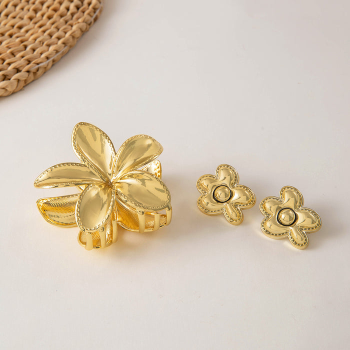 Eco-Friendly Alloy Gold Flower Earrings and Hair Claw Clip Set - Five-Petal Flower Jewelry for Women