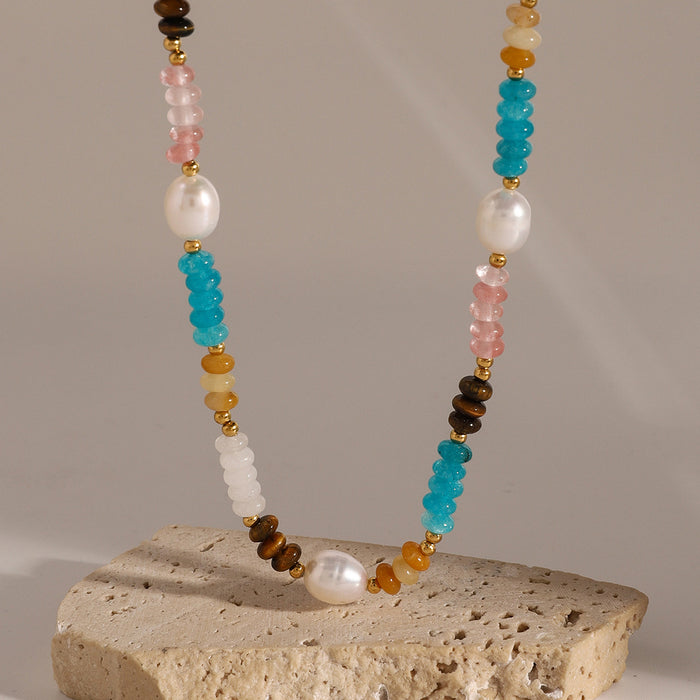 Colorful beaded pearl clavicle necklace, natural stone retro design necklace