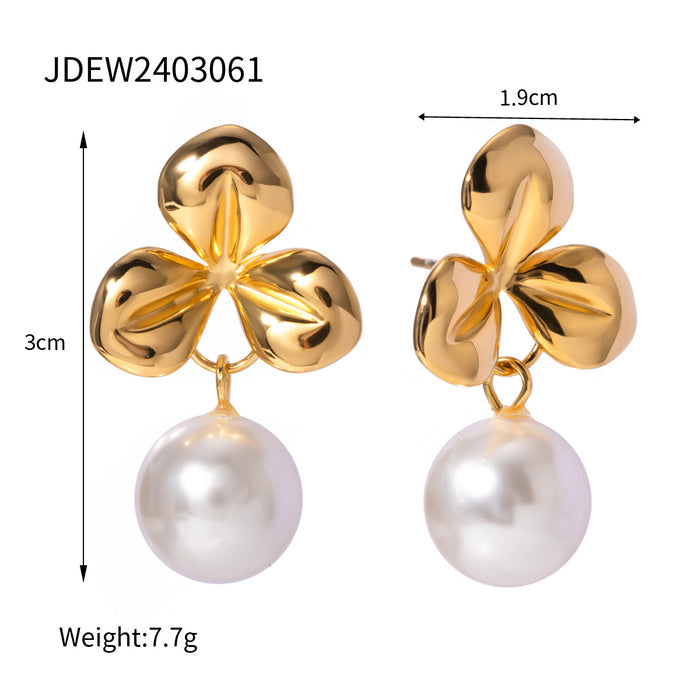 Pendientes de aro en forma de C con incrustaciones de circonitas y doble perla de acero inoxidable chapado en oro de 18 quilates de estilo europeo: joyería de moda para mujeres