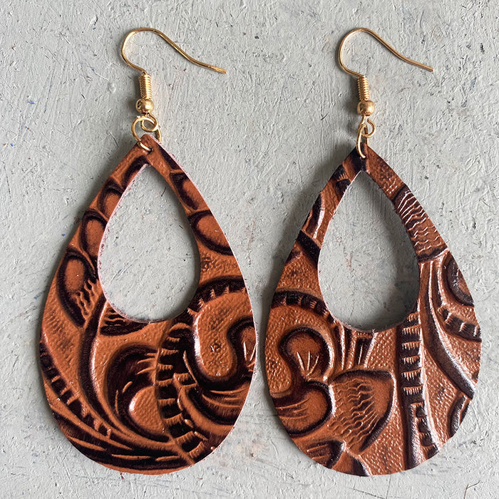 Classic Teardrop Cutout Embossed Leather Earrings with Vintage Style