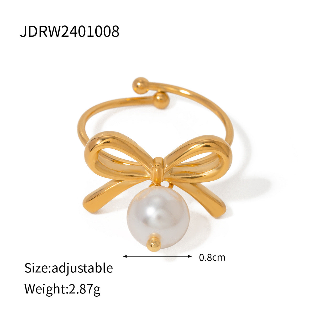 18K Gold-Plated Stainless Steel Adjustable Ring Necklace with Butterfly Knot - Simple Design with Pearl Earrings