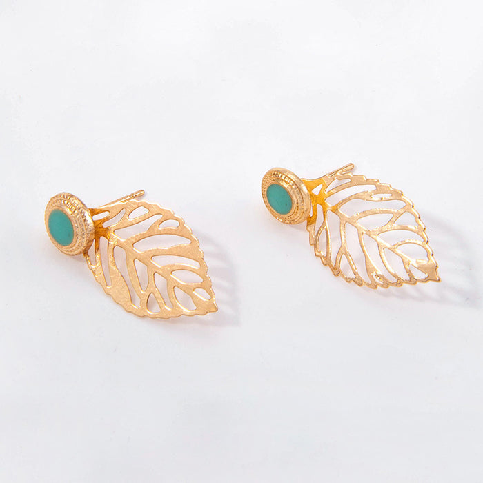 Retro leaf earrings imitation turquoise light luxury temperament earrings