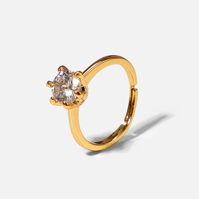 18K Gold Plated Copper Ring with White Round Zircon - Elegant Six-Prong Setting