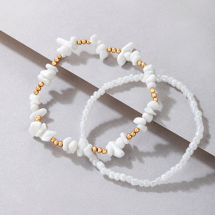 Simple White Stone Double-Layer Anklet - Chic Golden Beaded Multi-Layer Ankle Bracelets