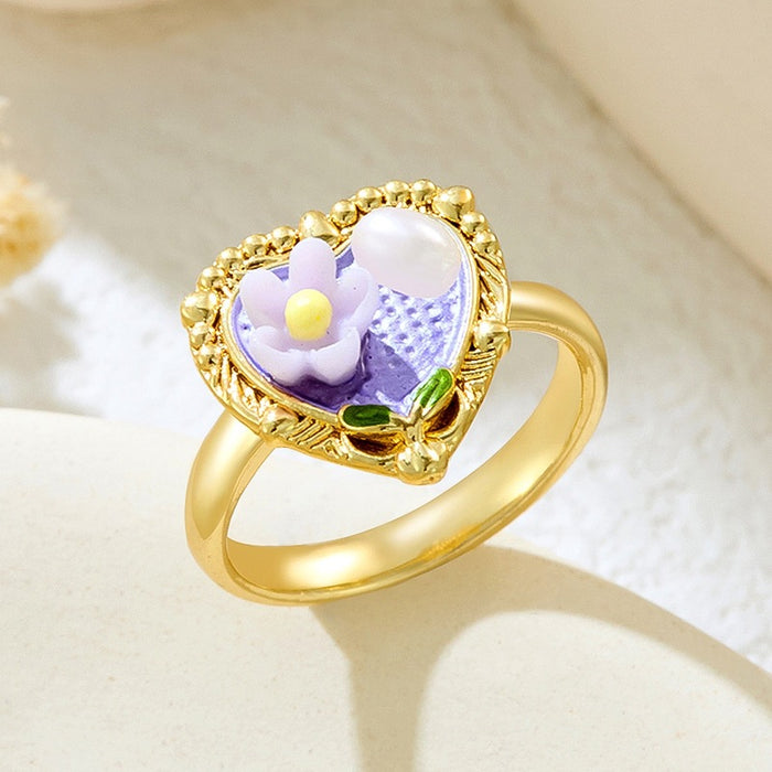 Wholesale copper micro-inlaid enamel painted flower heart-shaped open ring