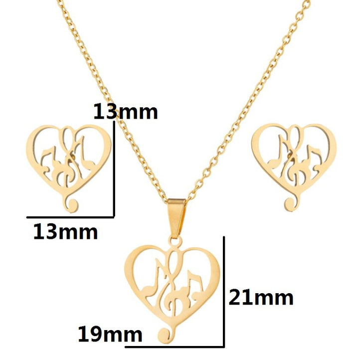 Geometric heart-shaped earrings and necklace set, stainless steel hollow musical note jewelry new wholesale