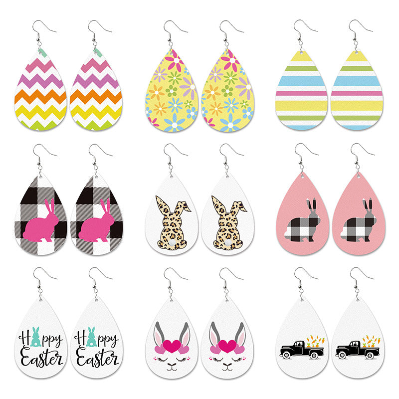 Easter Bunny Leather Earrings with Leopard Print, Checkered Pattern, and Carrot Design