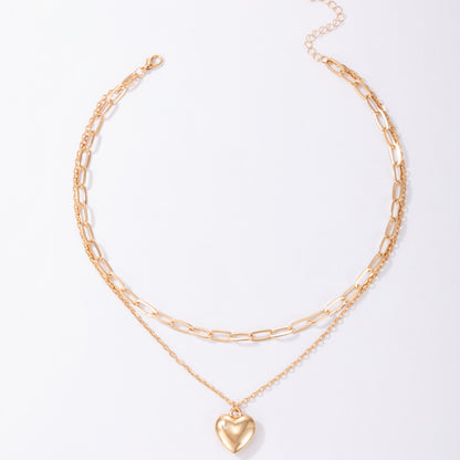 Heavy Metal Alloy Heart Double Layer Necklace with Geometric Chain Multi-Layer Clavicle Design