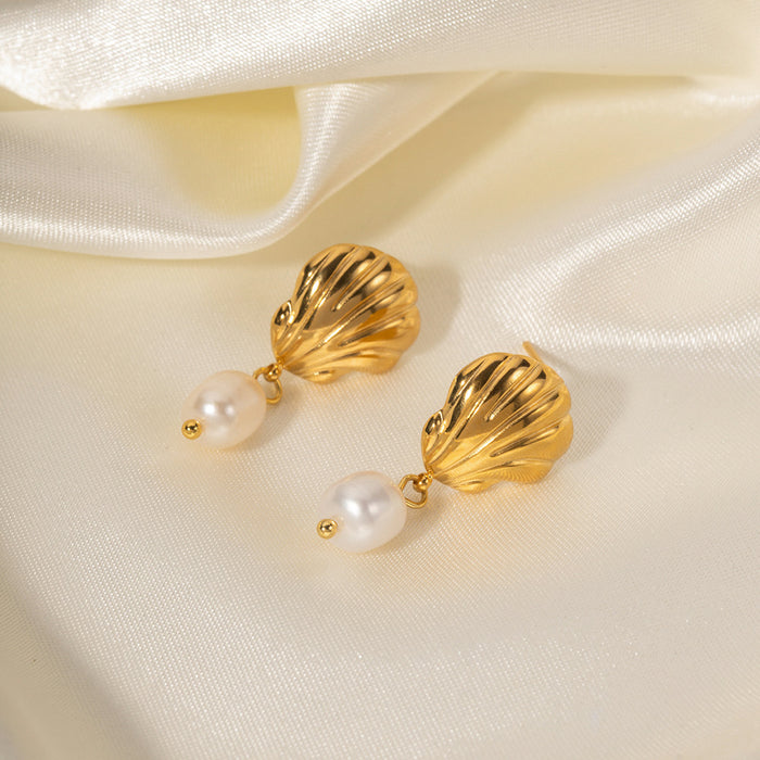 18K Gold Plated Stainless Steel Earrings - Freshwater Pearl Pendant Design Jewelry