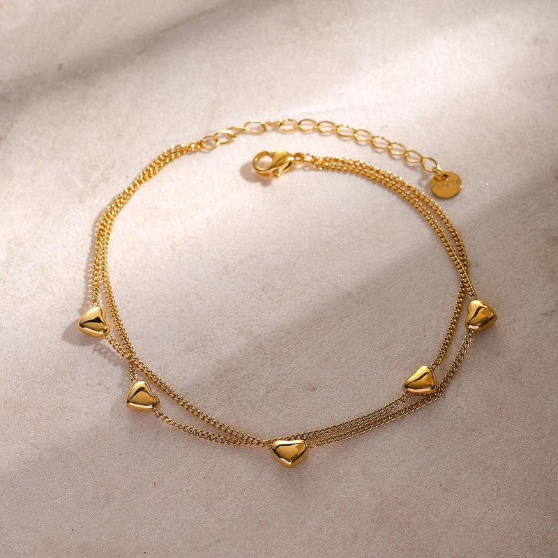 16K Gold Plated Stainless Steel Double Layer Heart Pendant Anklet - 2024 Summer Jewelry