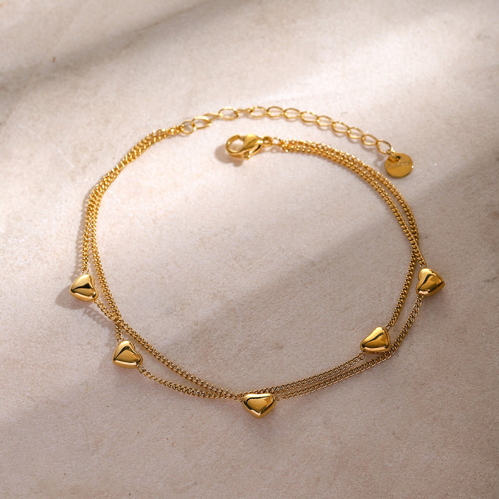 16K Gold Plated Stainless Steel Double Layer Heart Pendant Anklet - 2024 Summer Jewelry