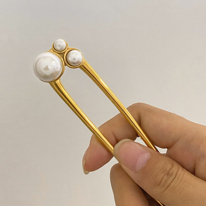 18k gold pearl hairpin, niche titanium steel headdress