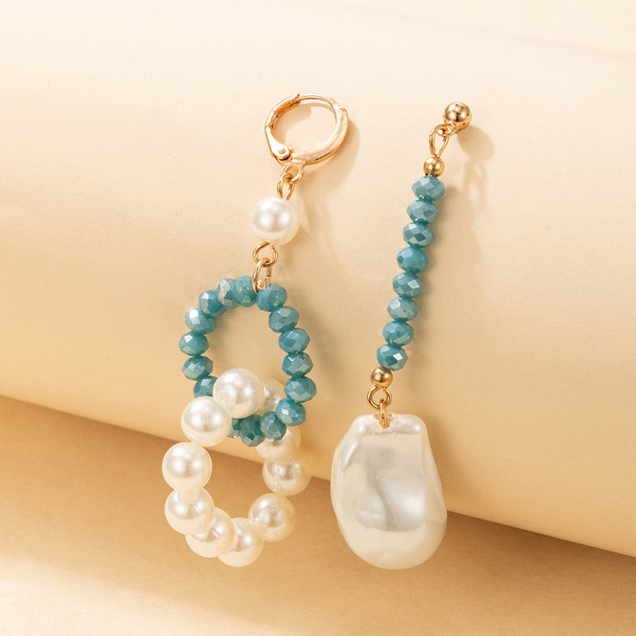 Contrast color acrylic beaded asymmetric pearl long earrings