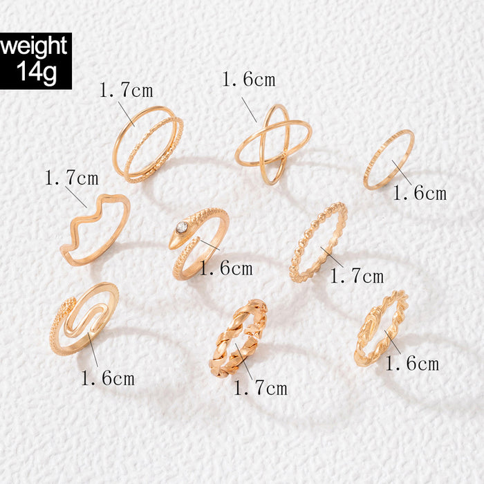 9-piece diamond snake-shaped geometric open ring set