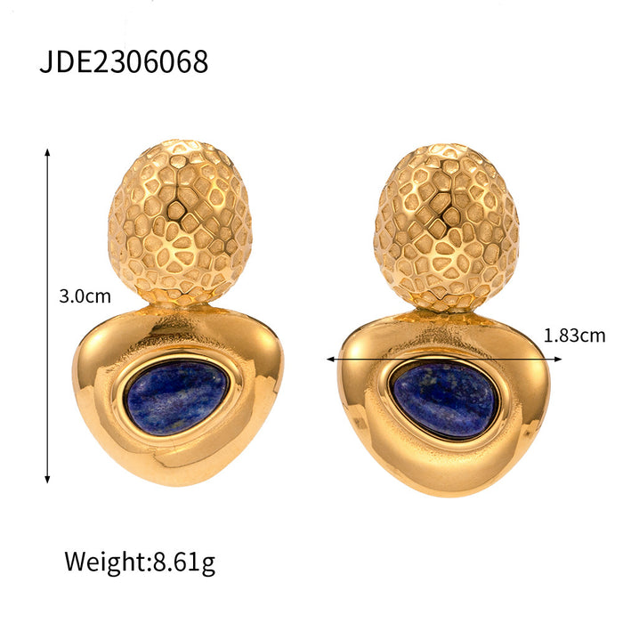 European Style New 18K Gold-Plated Stainless Steel Oval Hammered Earrings with Lapis Lazuli Triangle Studs