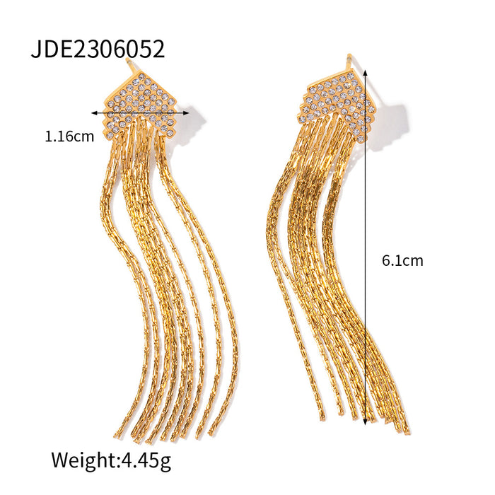 Minimalist 16K Gold Stainless Steel White Zircon Tassel Earrings - Exaggerated Geometric Design for Women