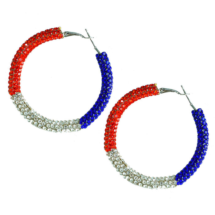 Independence Day Hoop Earrings with Sparkling Rhinestones in Patriotic Colors