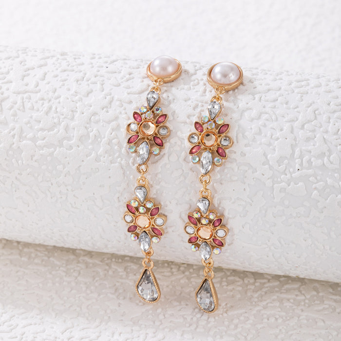 Colorful diamond flower earrings and pearl chain light luxury earrings