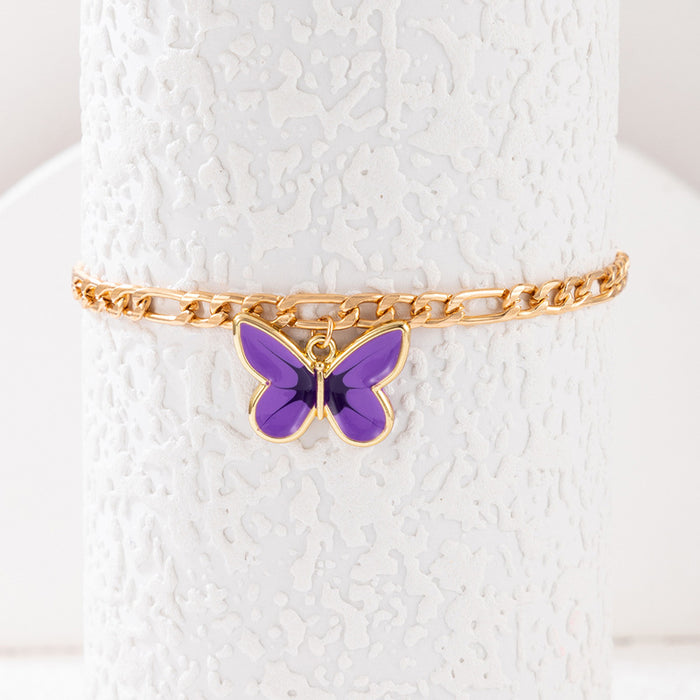 Purple Butterfly Enamel Anklet with Geometric Animal Chain Design