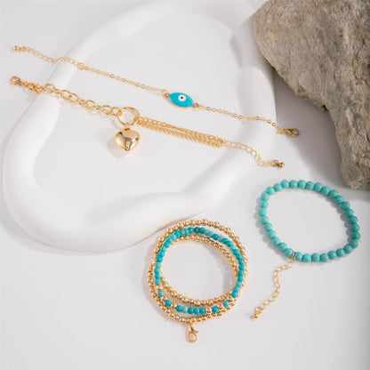 Turquoise and Multicolor Bead Bracelet Set with Heart Charm - Six Pieces