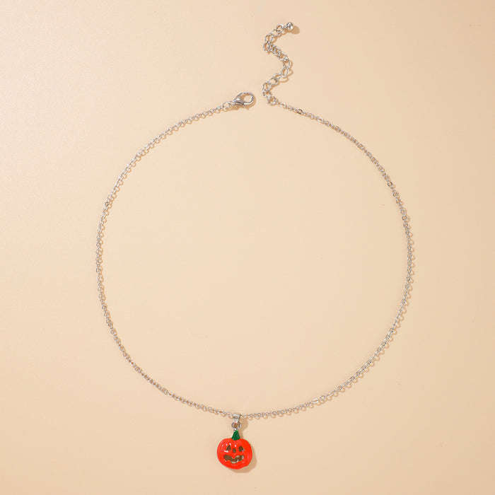 Halloween Ghost and Pumpkin Pendant Necklace - Festive Single-Layer Chain