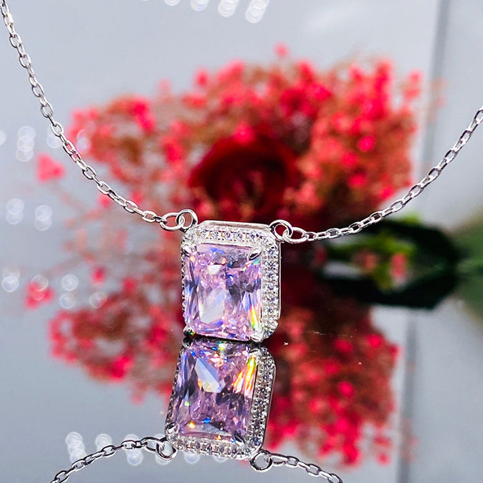 Small square pink zircon pendant clavicle necklace