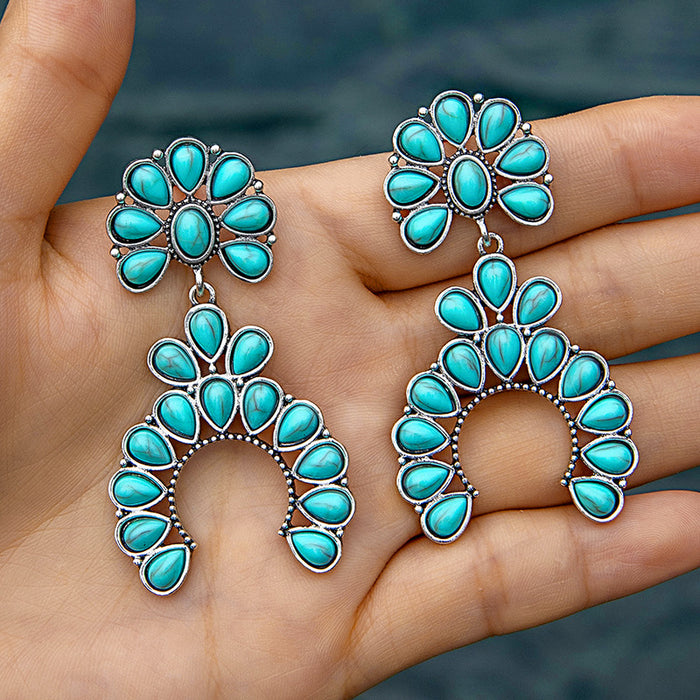 Turquoise earrings vintage fan-shaped hollow earrings