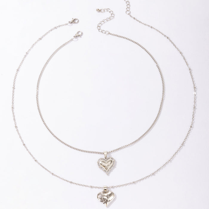 Heart Letter Double Layer Necklace with Geometric Rose Multi-Layer Design