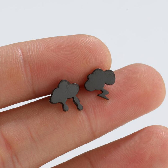 Cloud and Lightning Stainless Steel Stud Earrings - Asymmetric Weather-Themed Jewelry