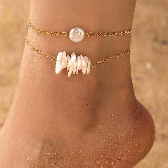 Crystal-Studded Pebble Multi-Layer Anklet with Geometric Design