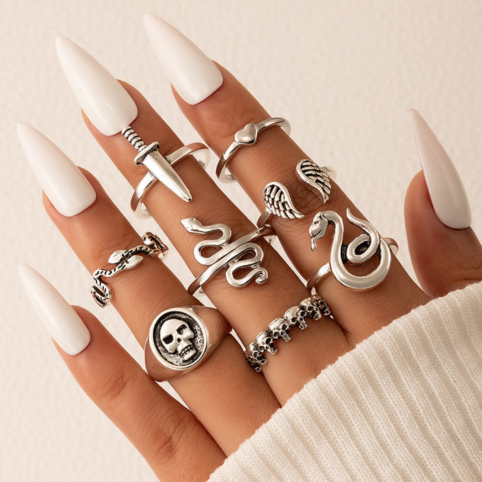 Snake Heart Vintage Skull Ring 8-Piece Set