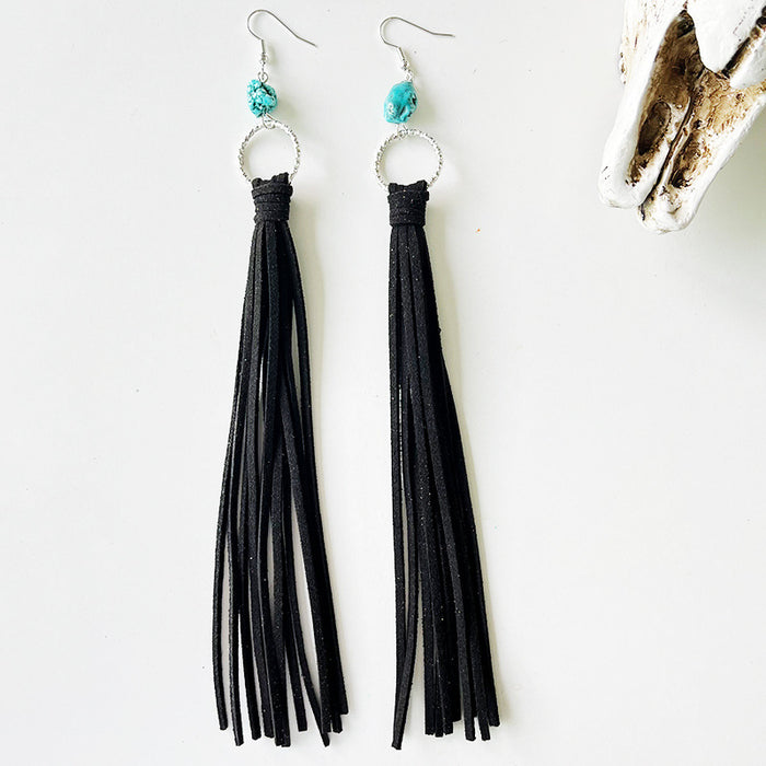 Exaggerated Western Bohemian Leather Tassel Earrings with Turquoise Hoops