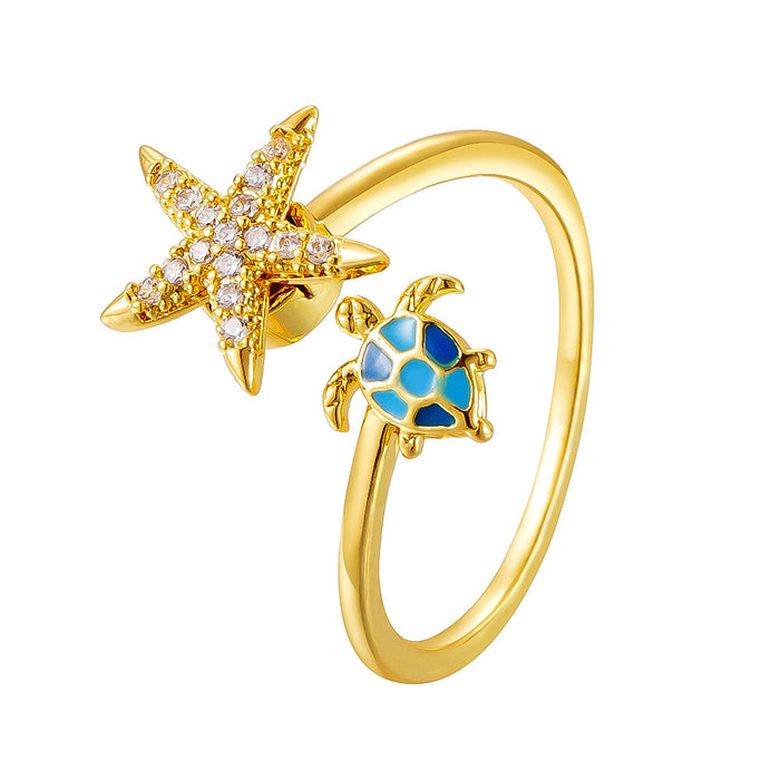 Wholesale oil-splashed turtle and starfish micro-painted zircon rings