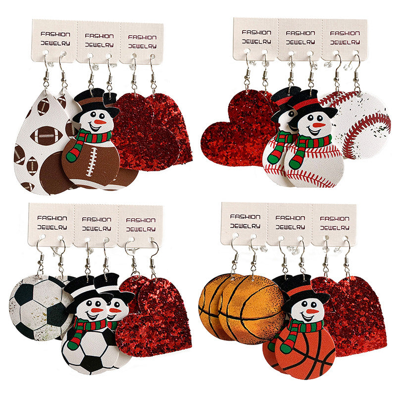 Christmas Western Cowboy PU Leather Teardrop Earrings with Sports and Snowman Design - wallojewerly 