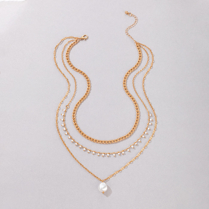 White Beaded Tassel Multi-Layer Necklace Set - Alloy and Pearl Three Layers