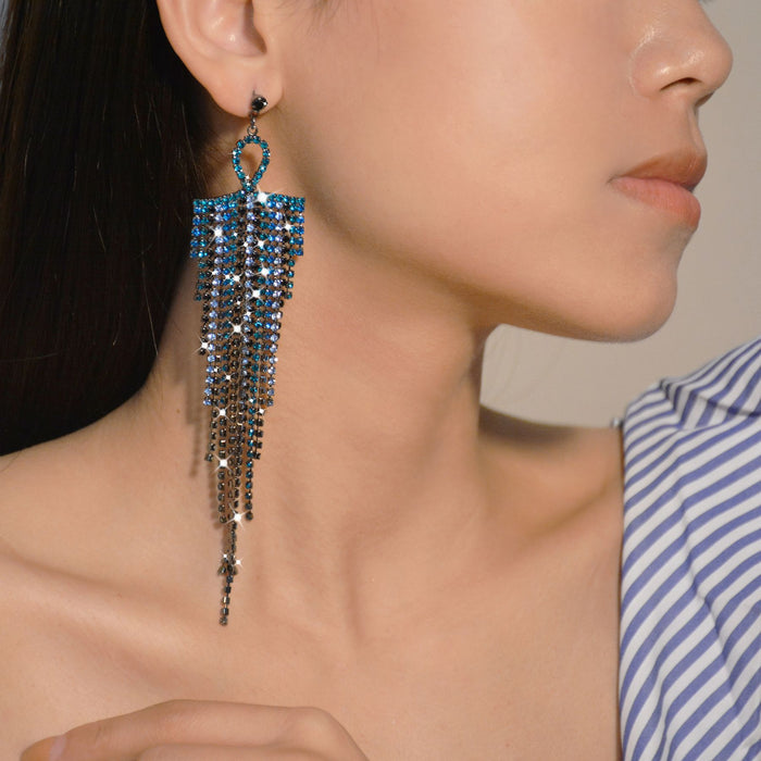 Korean Blue and White Tassel Earrings - Elegant Chain Jewelry for a Sophisticated Look