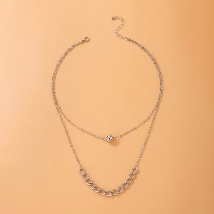 Simple Round Bead Double Layer Necklace with Geometric Metal Chain Design