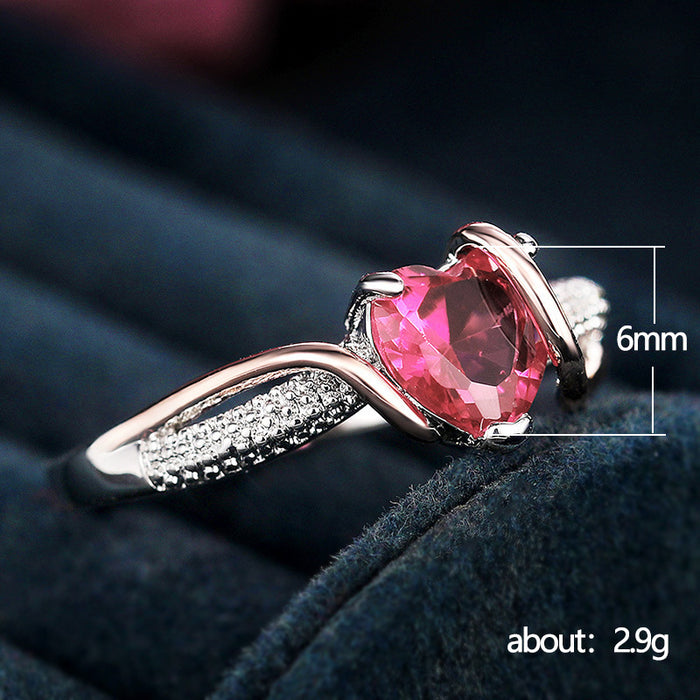 Anillo de compromiso con circonita en forma de corazón rojo, con baño de galvanoplastia de dos colores