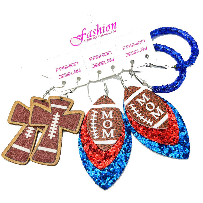 Football Mom Leather Earring Set with Cross and Glitter Hoop Design