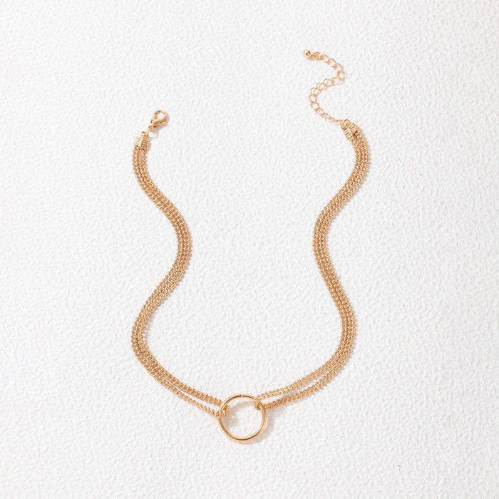 Geometric Round Ring Double Layer Necklace with Minimalist Bead Chain Design