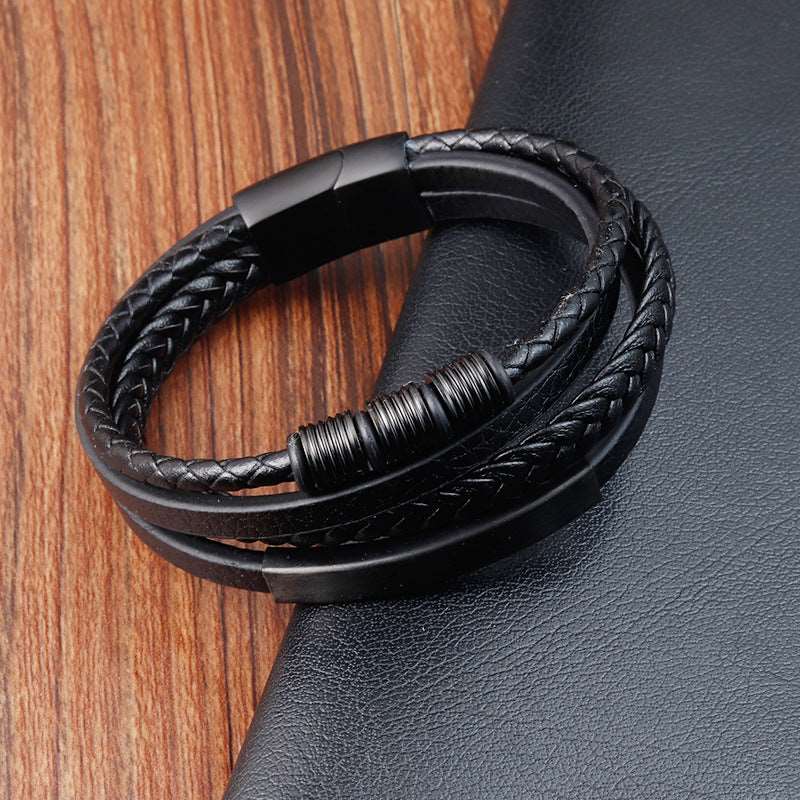 Bracelet Stainless Steel Leather Woven Multi Layer