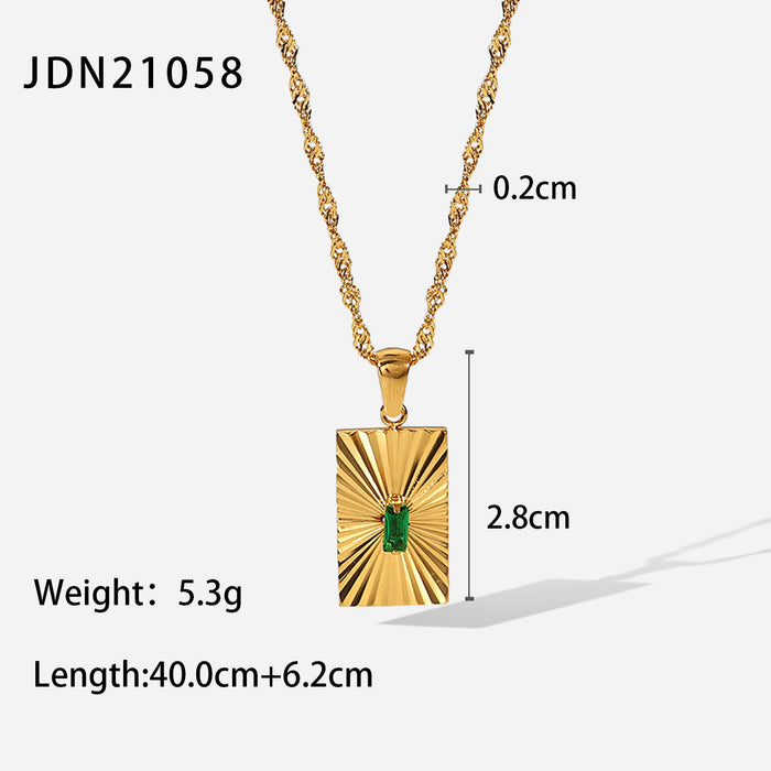 French Style Vintage Necklace - Green Emerald Zircon Pendant with 18K Gold-Plated Stainless Steel Chain